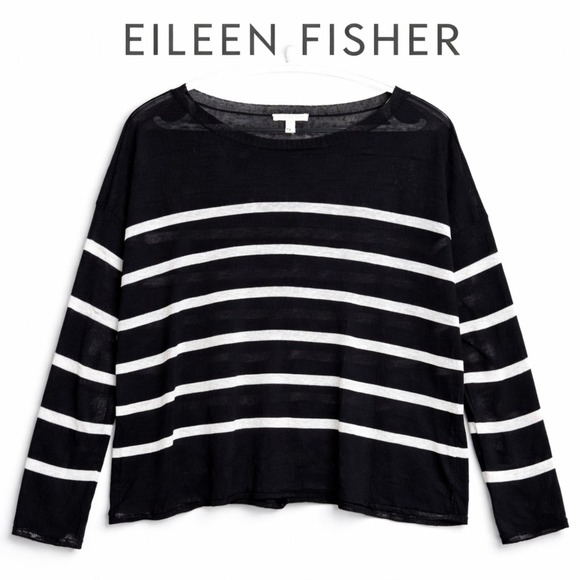 Eileen Fisher Tops - Eileen Fisher Sheer Linen Nautical Stripe Boxy Sheer Vacation Top Black White XL